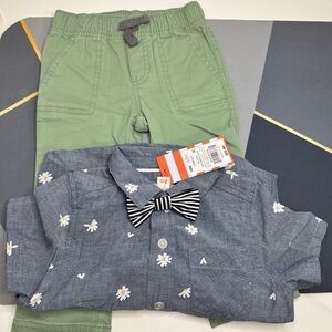Cat & Jack 3-Piece Blue Floral Daisy Shirt Green Pants Bowtie Outfit Boys 18T